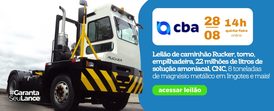Leilão de caminhão Rucker, torno, empilhadeira, 22 milhões de litros de solução amoniacal, CNC, 8 toneladas de magnésio metálico em lingotes | DeSeuLa