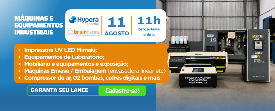 Leilão de Impressora UV LED Mimaki; Equipamentos de Laboratório; Mobiliário e equipamentos e exposição; Máquinas Envase / Embalagem e mais!